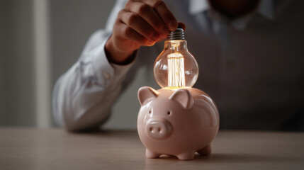 Wall Mural - person is placing light bulb on top of piggy bank, symbolizing idea of saving money and bright ideas