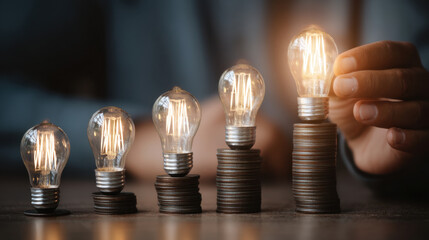 Wall Mural - light bulbs representing growth and innovation, arranged on stacks of coins, symbolize financial suc