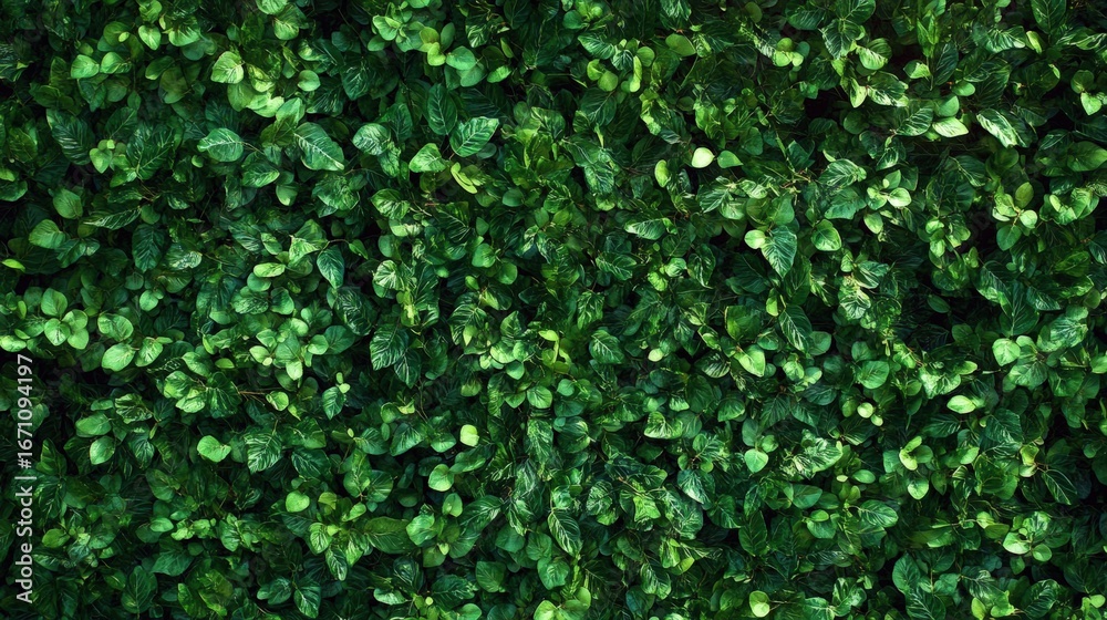 A lush, green wall of foliage displaying various leaves, creating a vibrant and natural backdrop.