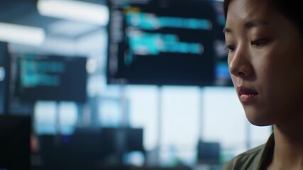 Serious young asian woman programmer concentrating on data and code in a modern tech office
