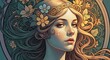 © yudi - Art Nouveau style portrait of a beautiful woman with flowers and a crown.