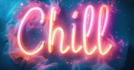 Wall Mural - neon word chill glows brightly. pink, blue hues create vibrant background. smoke effects add depth, 