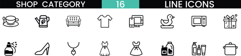 Diverse shop category line icons set for e-commerce and retail applications vector