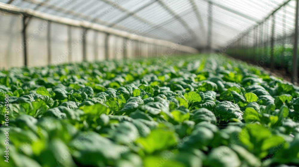 Lush, green leafy plants densely packed in rows inside a transparent ...