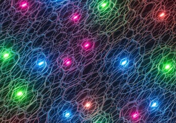 Closeup of a dark textured surface with scattered glowing blue, green, and pink led lights