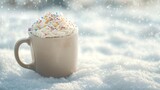 Sipping comfort a cozy coffee mug filled with hot chocolate winter wonderland drink photography serene snowy landscape warm embrace