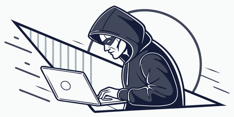 Hacker with mask and hoodie typing on a laptop in a stylized graphic design with geometric shapes art