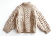 © Andrea - A beige cableknit sweater with a high collar laid flat against a white background