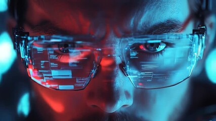 Man wearing futuristic glasses with coding.