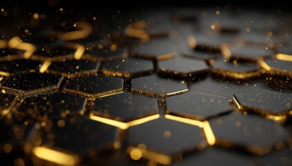 Abstract, dark, honeycomb pattern with golden highlights and glittering particles