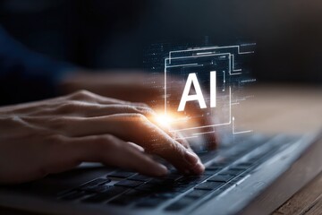 Hands typing on laptop, AI graphic overlay
