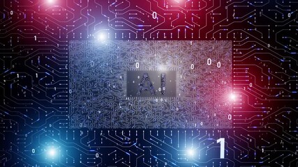 Wall Mural - Loop digital artificial intelligence motherboard circuits with ai chip and binary numbers animation.