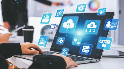 Wall Mural - cloud computing, cloud strategy, and cloud technology transforming digital infrastructure with scala
