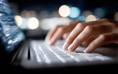 close up of hands typing code on laptop keyboard, working late at night on software development proj