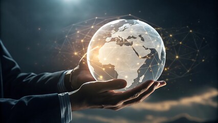 A blue 3D sphere of the Earth with its continents and oceans is held in a human hand, set against a black night sky, a global concept of our world