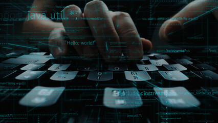 a close-up shot of hands typing on a laptop keyboard, surrounded by digital code and visual data, il