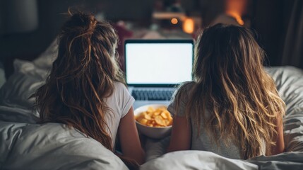 two gen z teen girls friends watching tv video movie series online reality show on laptop computer white mock up screen using digital streaming service subscription eat chips snack in bed back view n
