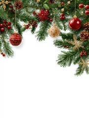 Wall Mural - christmas branches border with christmas decorations on transparent background
