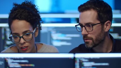 Data Engineers Analyzing Code On Multiple Monitors In Blue Lit Environment