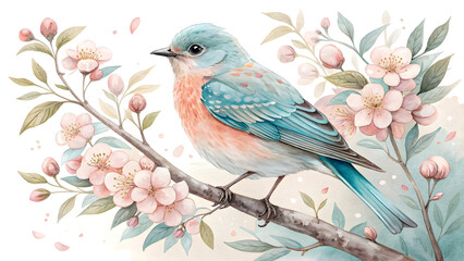 Naklejka na meble Blue bird perched on flowering branch soft pastel peach pink