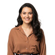 © vector_hunt - Beautiful young woman with long dark wavy hair smiling confidently, wearing a brown shirt, isolated on transparent background