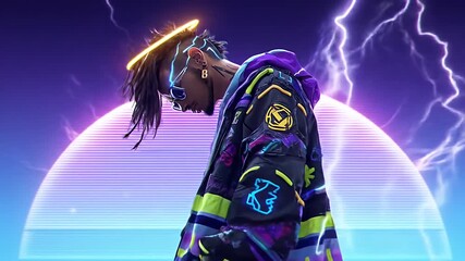 Canvas Print - A person with a halo and neon elements in a futuristic, synthwave-inspired digital artwork