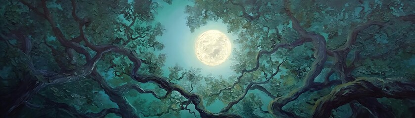 Wall Mural - Full moon shining through ancient trees at night.