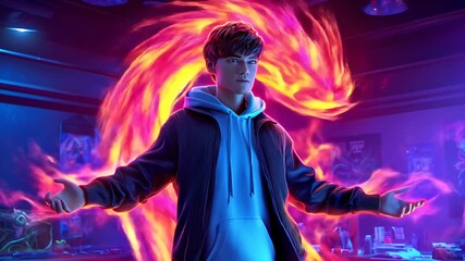 Canvas Print - Young man poses with hands open in a room with fire-like, colorful energy