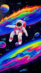 Wall Mural - Vibrant space-themed video concept with an astronaut floating among colorful planets. Captured from a dynamic, angled perspective. Live mobile wallpaper.