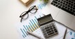 © 8Murana - Flat lay of business documents, laptop, calculator, glasses, and pen on a white surface