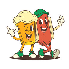 Wall Mural - Playful cartoon beer glass character with large foam top winking while hugging hot dog friend. Perfect design for brewery advertising and food festival branding. Vector illustration