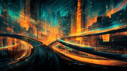 Wall Mural - A futuristic cityscape with vibrant, swirling light trails.