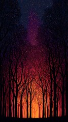 Wall Mural - Silhouette of a forest at sunset, with a starry sky.