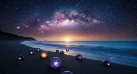 Wall Mural - A serene beach scene with glowing orbs reflecting the vast cosmic night sky and the ocean.