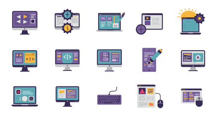 Flat style web development and programming icons for digital projects