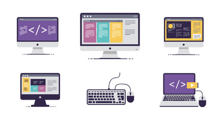 Diverse computer screens and devices showcasing coding and web design concepts