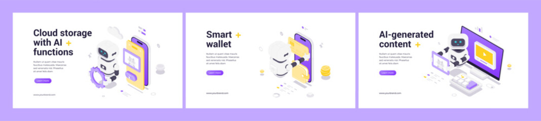 Modern isometric web banner set with AI robot, cloud storage technology, smart wallet payment, automated content generation, digital innovation, futuristic interface, finance, creative design