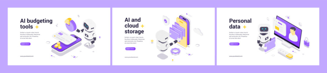 Isometric web banner set featuring AI robot for budget tools, cloud data management, and personal data security with futuristic digital technology and automated protection elements.