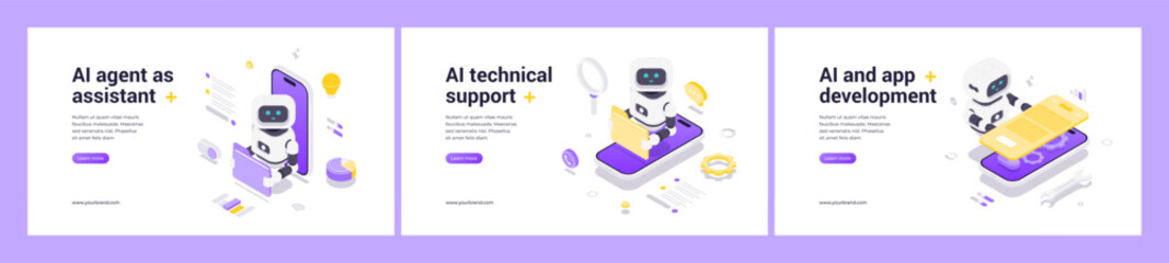 Isometric vector illustrations showcasing AI-powered mobile assistant, technical support with smart tools, and app development automation for digital platforms and innovative technology workflows