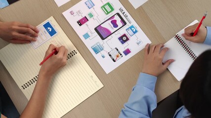 Wall Mural - top view panorama video of startup company employee planning on user interface prototype for mobile 