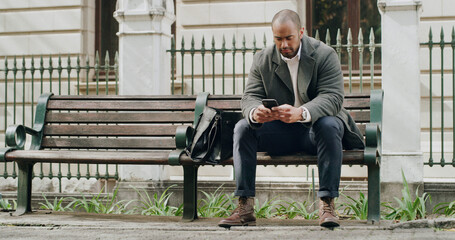 Phone, online and business man in city for journalist research, source investigation or contact. Eyewitness report, article editor and communication with person outdoor for feedback and news story