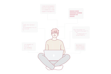 Smiling male software engineer working on computer writing codes and programs. Happy man programmer or backend developer busy on laptop, programming, creating scripts. Vector illustration.