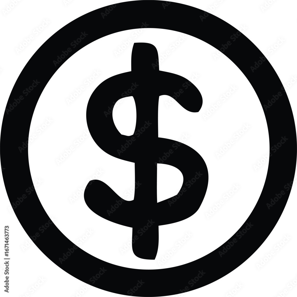 Simple black and white dollar symbol inside a circle icon graphic ...