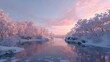© 8Murana - Pink-hued winter landscape with snow-covered trees reflecting in a calm river