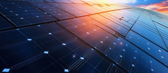 Detailed view of many solar panels, with a grid pattern