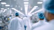 © fotofabrika - Workers in white lab coats and blue caps walking through a sterile production facility during the day