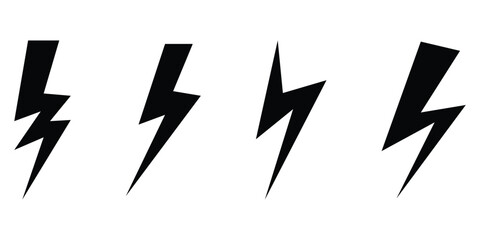 Black lightning vector icon set on isolated white background. 4 different shapes dark lightning icons. Thunder, battery, electric, lightning elements
