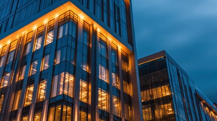 Wall Mural - Modern architecture featuring illuminated glass buildings at dusk, showcasing urban design and ambiance