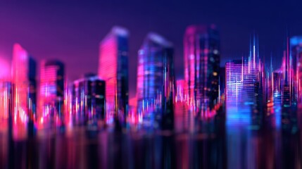 Wall Mural - Vibrant city skyline at night with colorful lights reflecting on water, creating a lively atmosphere