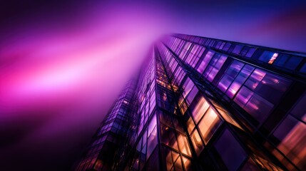 Wall Mural - A stunning view of a modern skyscraper illuminated by vibrant purple and pink lights in a foggy urban setting